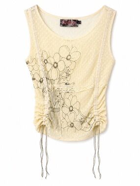 Y2K Sheer Floral Mesh Ruched Tank Top Cream Size S HYPY HYPY